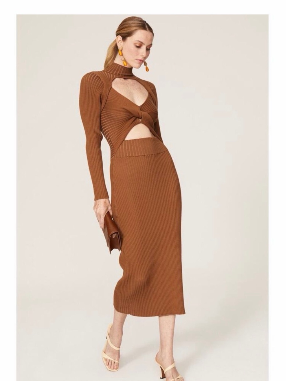AMUR Guadalupe Cut Out Knit Dress Bodycon Brown Size Small